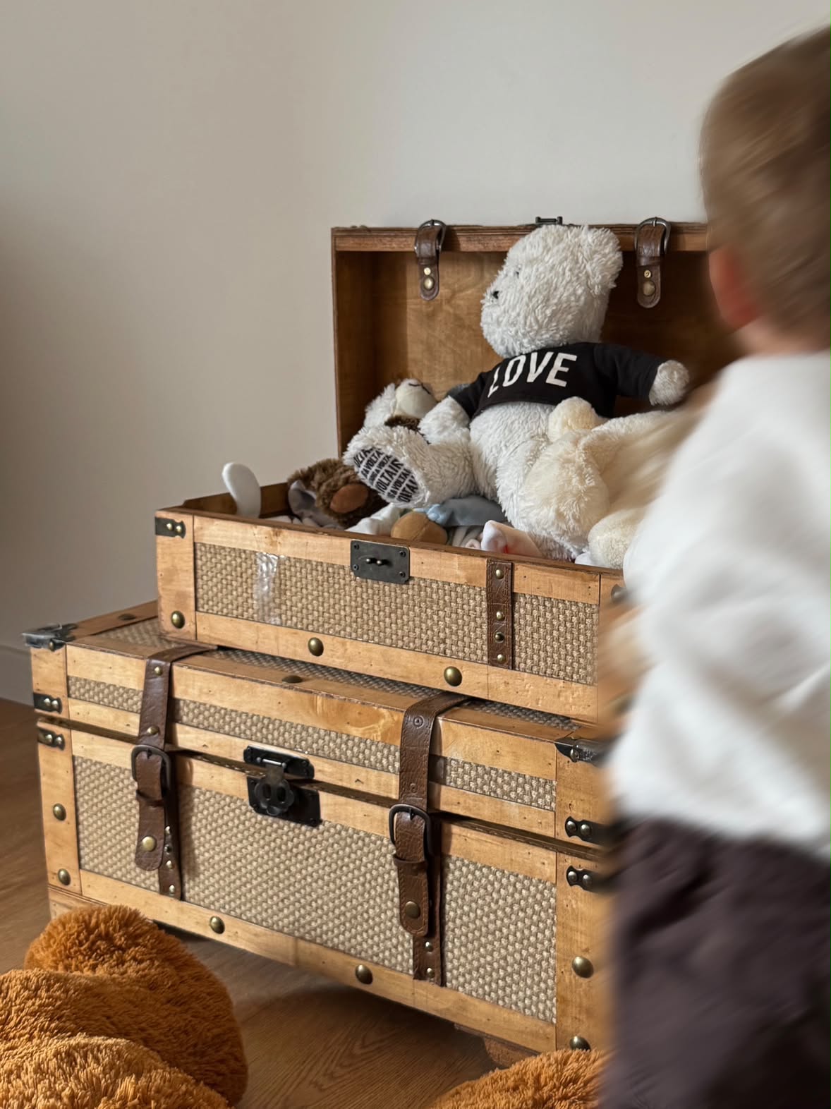 Une malle en bois ouverte, remplie de peluches