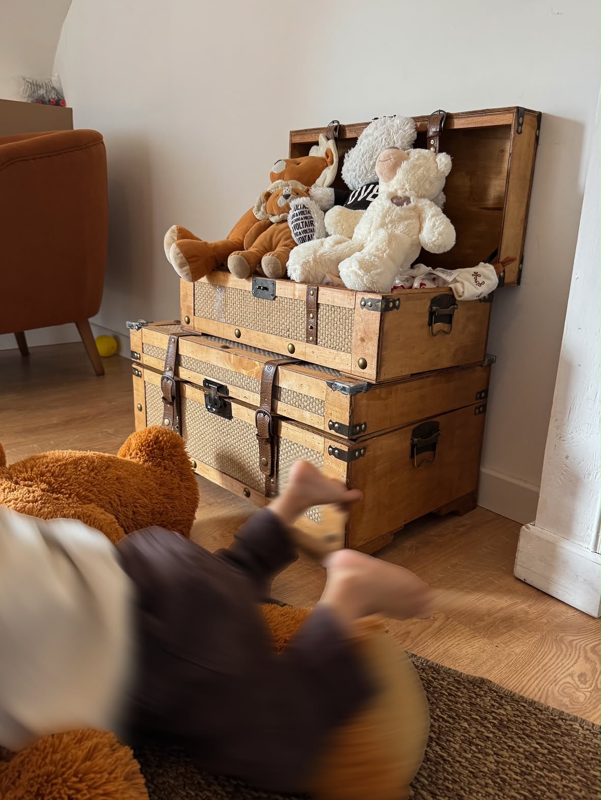 Des malles à jouets ouvertes, pleines de peluches, dans une chambre d'enfant